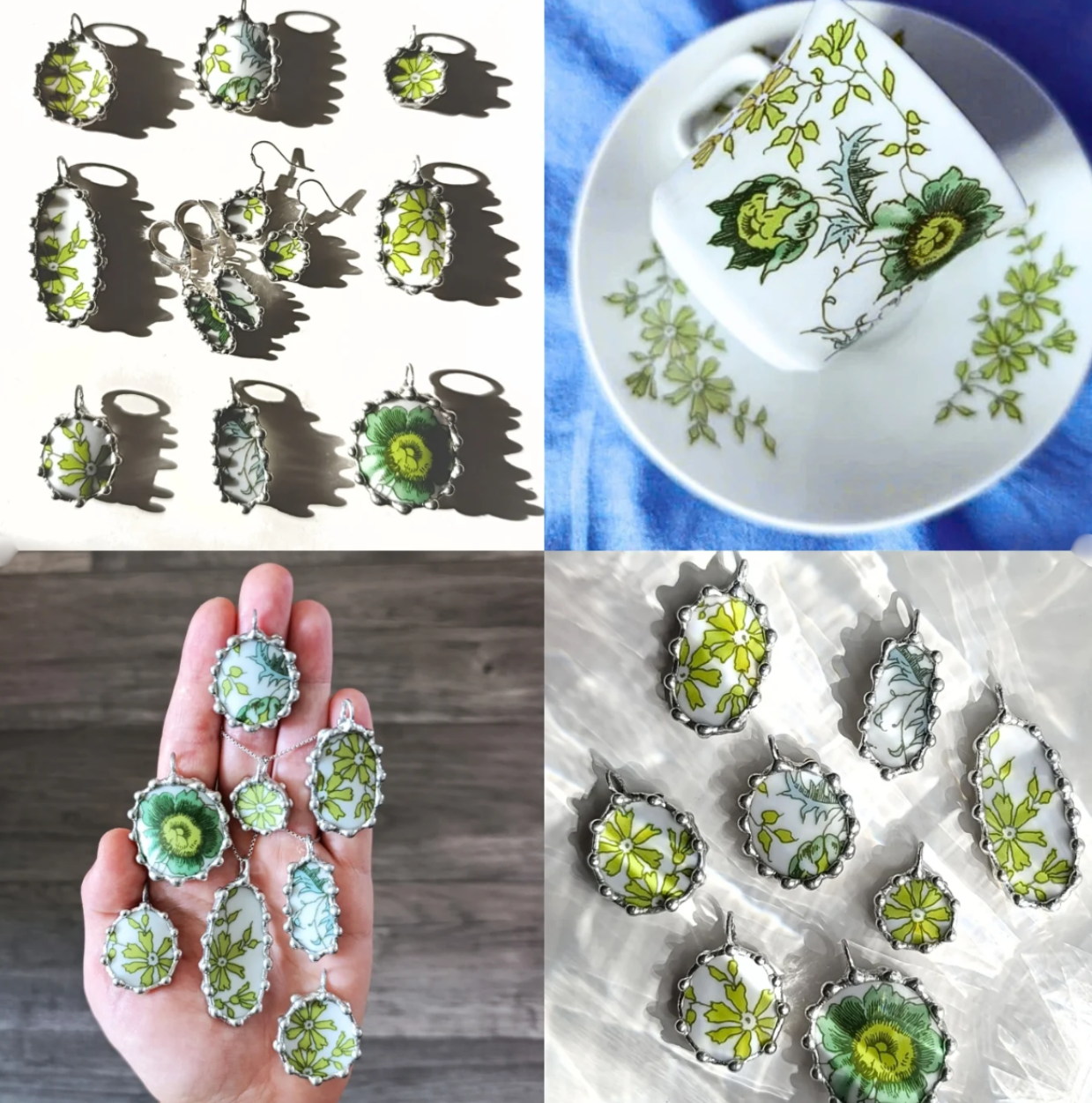 Porcelánové náušnice se zelenými kytičkami